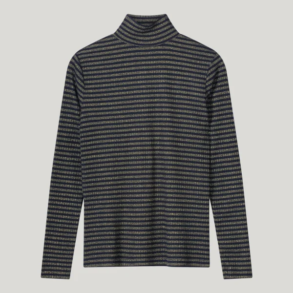 Turtle neck top lurex rib stripe midnight blue Summum