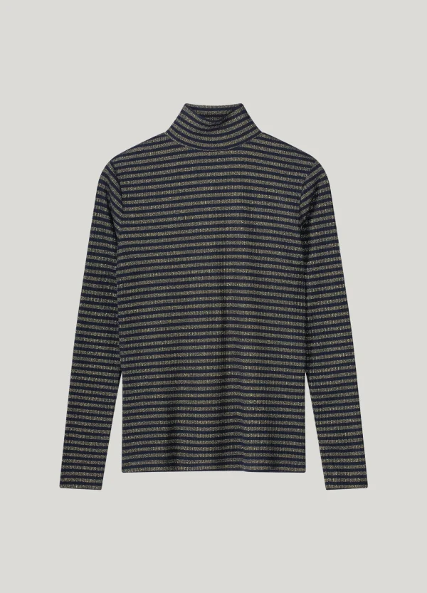 Turtle neck top lurex rib stripe midnight blue Summum