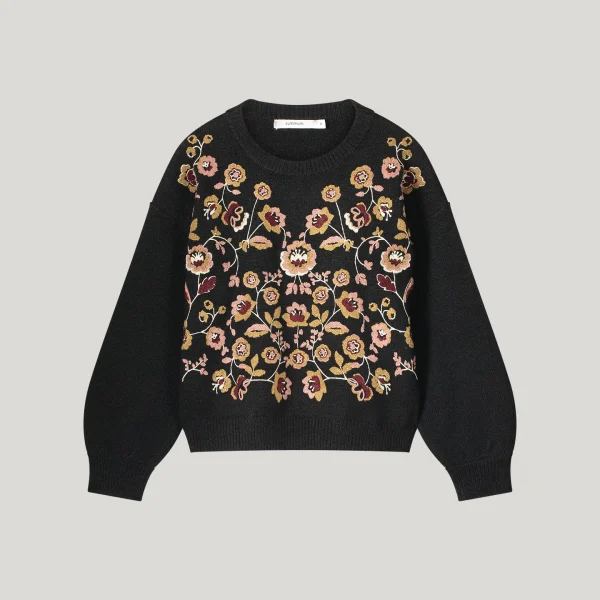 puff sleeve seweater vintage flower embroidery knit black summum