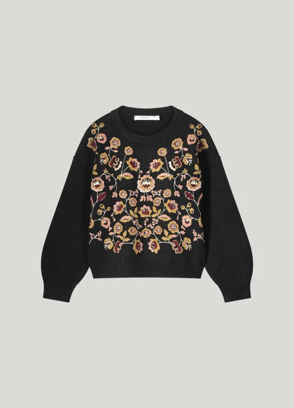 puff sleeve seweater vintage flower embroidery knit black summum